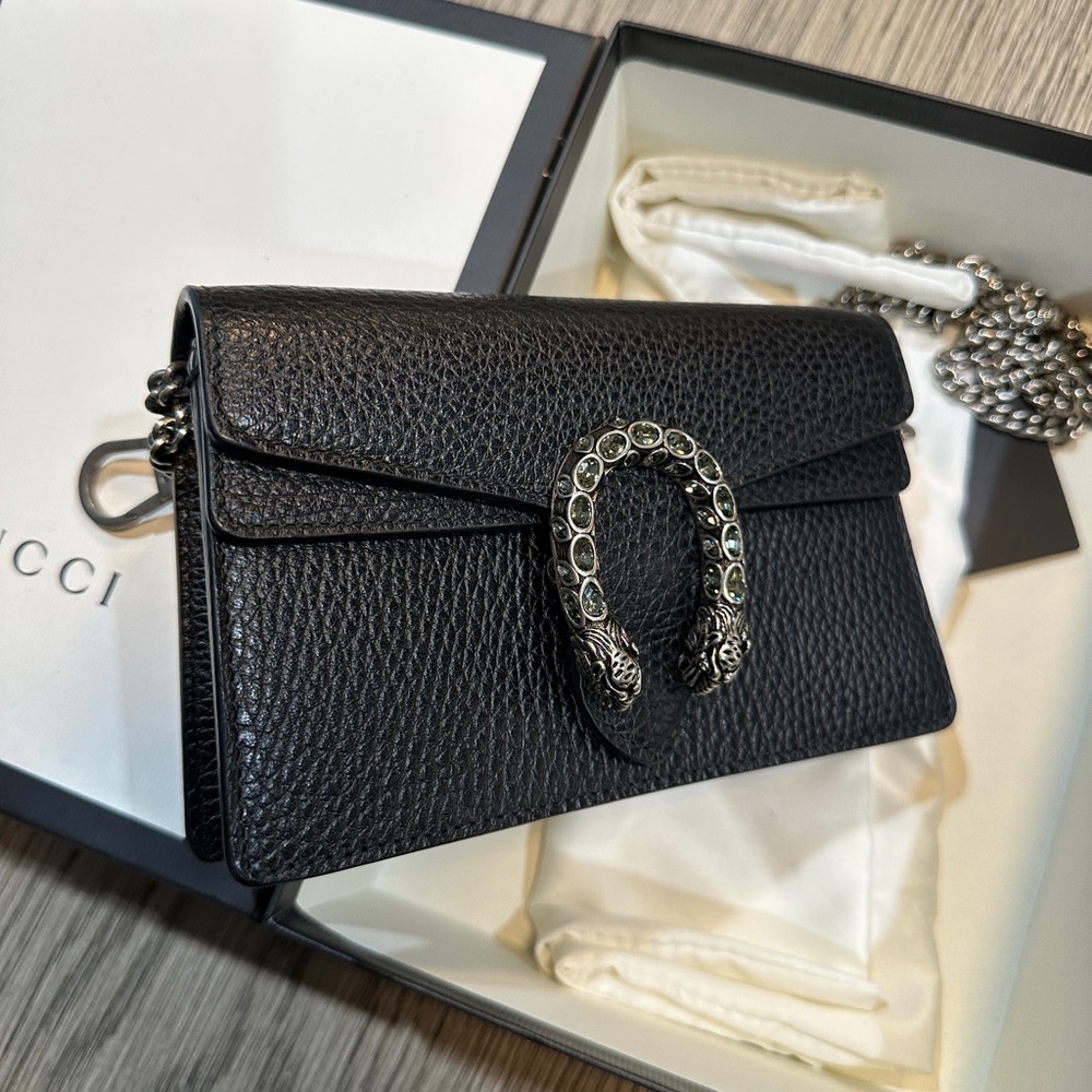 100% AUTH GUCCI Dionysus super mini textured calf leather shoulder bag black - Picture 3 of 15